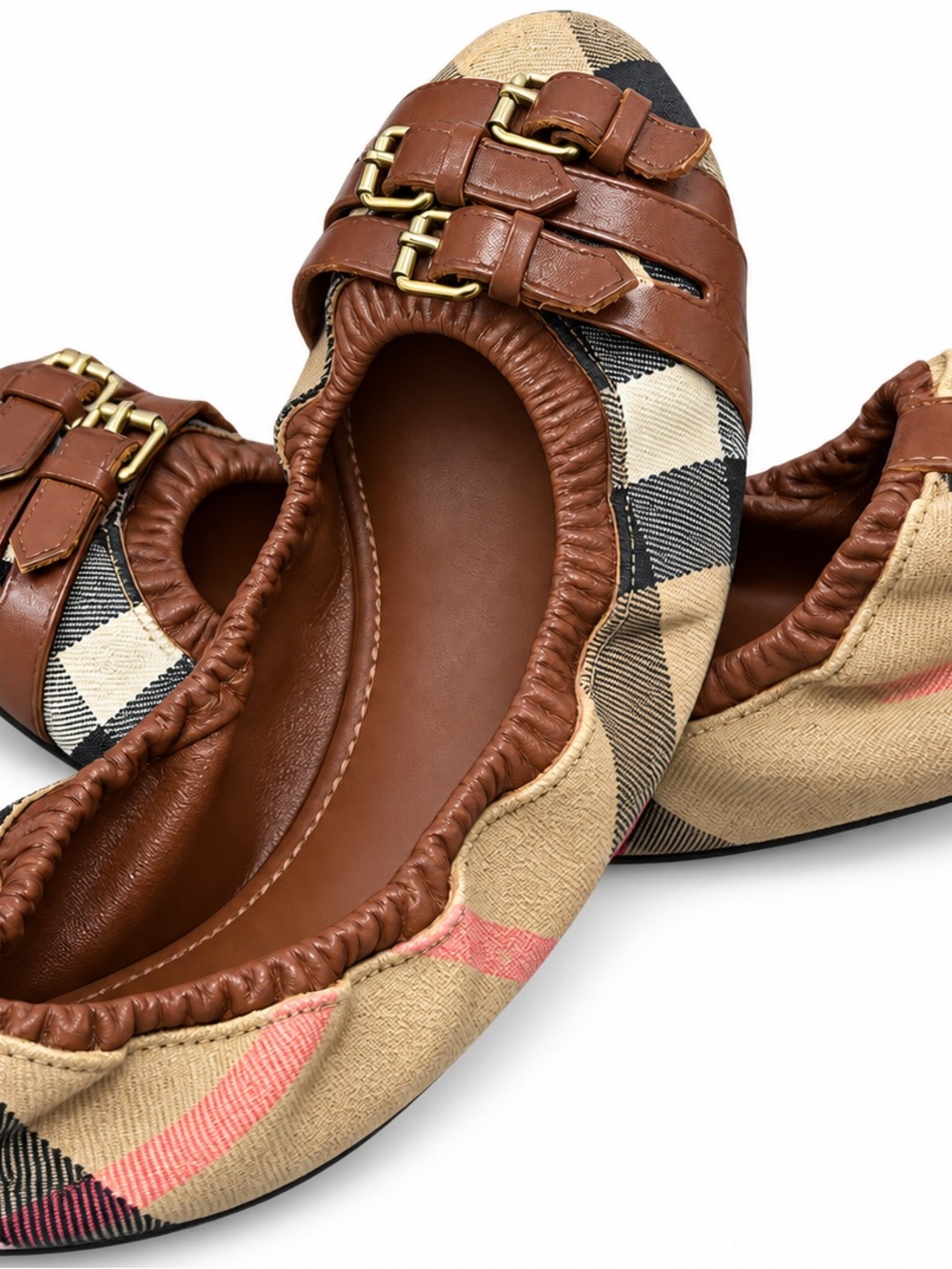 Burberry Beige Plaid Ballet Flats with Brown Leather Trim